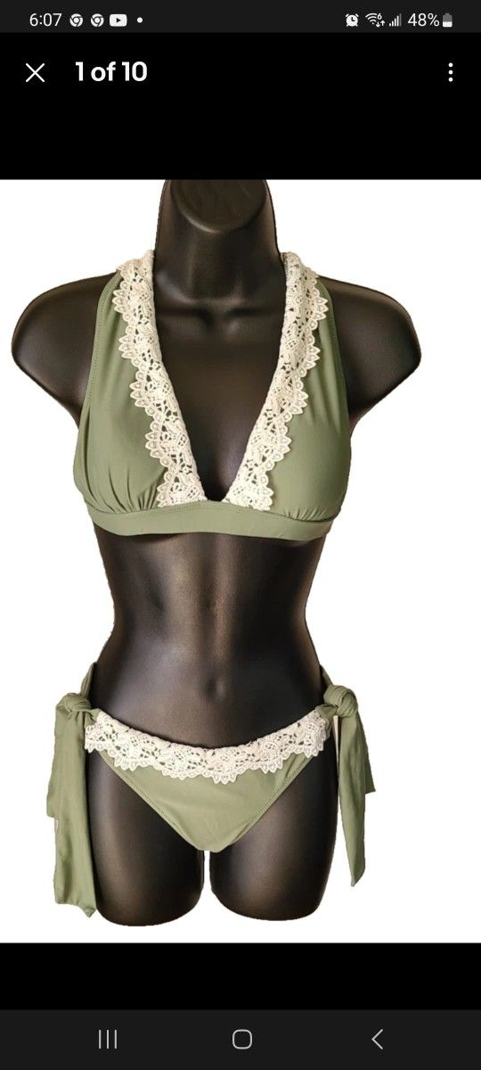Cupshe Two Piece padded Swimsuit Small green with crochet details