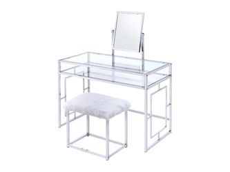 Carenze II White Faux Fur & Chrome Vanity Set