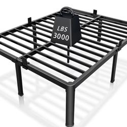 NEW IN BOX 14 inch King Size Bed Frame Metal Platform No Box Spring Needed with Headboard Hole Round Corner Legs Mattress Stoppers Retainers 3500LBS H