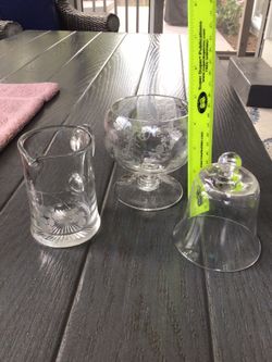 Vintage Lot of Etched Glass Creamer & Shrimp Cocktail Glass Crouch Grapes Designs Cambridge(?)