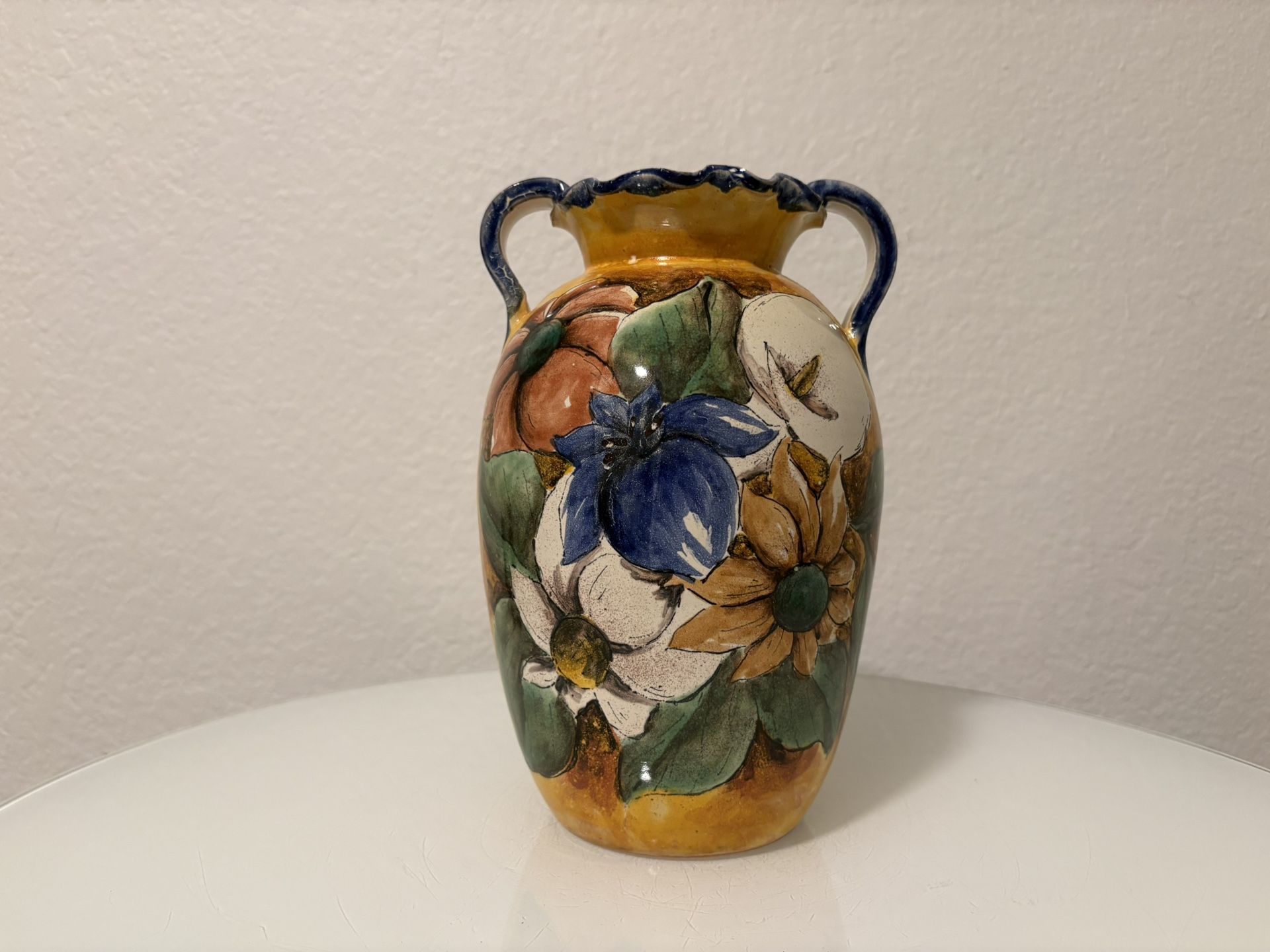 Hand-Painted Majolica Floral Vase Mexico