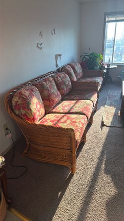 Used Rattan floral sofa + loveseat