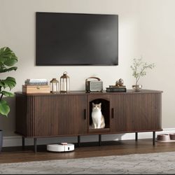 Brown Modern Tv Console Table with Cat Little Box Enclosure