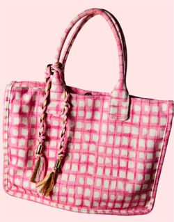 Vince Camuto Orla Tote Bag. White and pink checkered cotton tote bag
