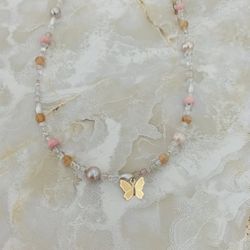 Teen Necklace. Beaded With Gold Metal Butterfly. Unique Design 