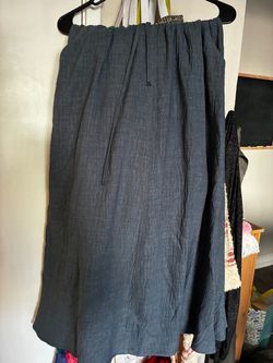 Dark Gray Linen Midi Skirt with Drawstring Small