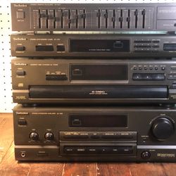 Complete Technics Component Stereo System 1995 w/ Matching Floor Speakers and Glass-Front Shelved Stereo Stand