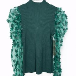 ✨ Green Ribbed Top with Floral Sheer Sleeves – NEW with Tag