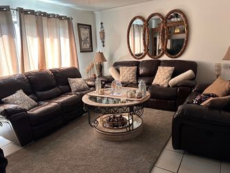 Dark Brown Leather Reclining Sofa Set & coffee table with 2 end tables