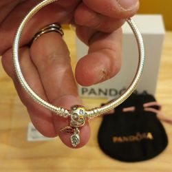 Pandora Authentic Brand New Sterling Silver 7.5 Dangling Leaves Cz Charm Bracelet With Pouch 