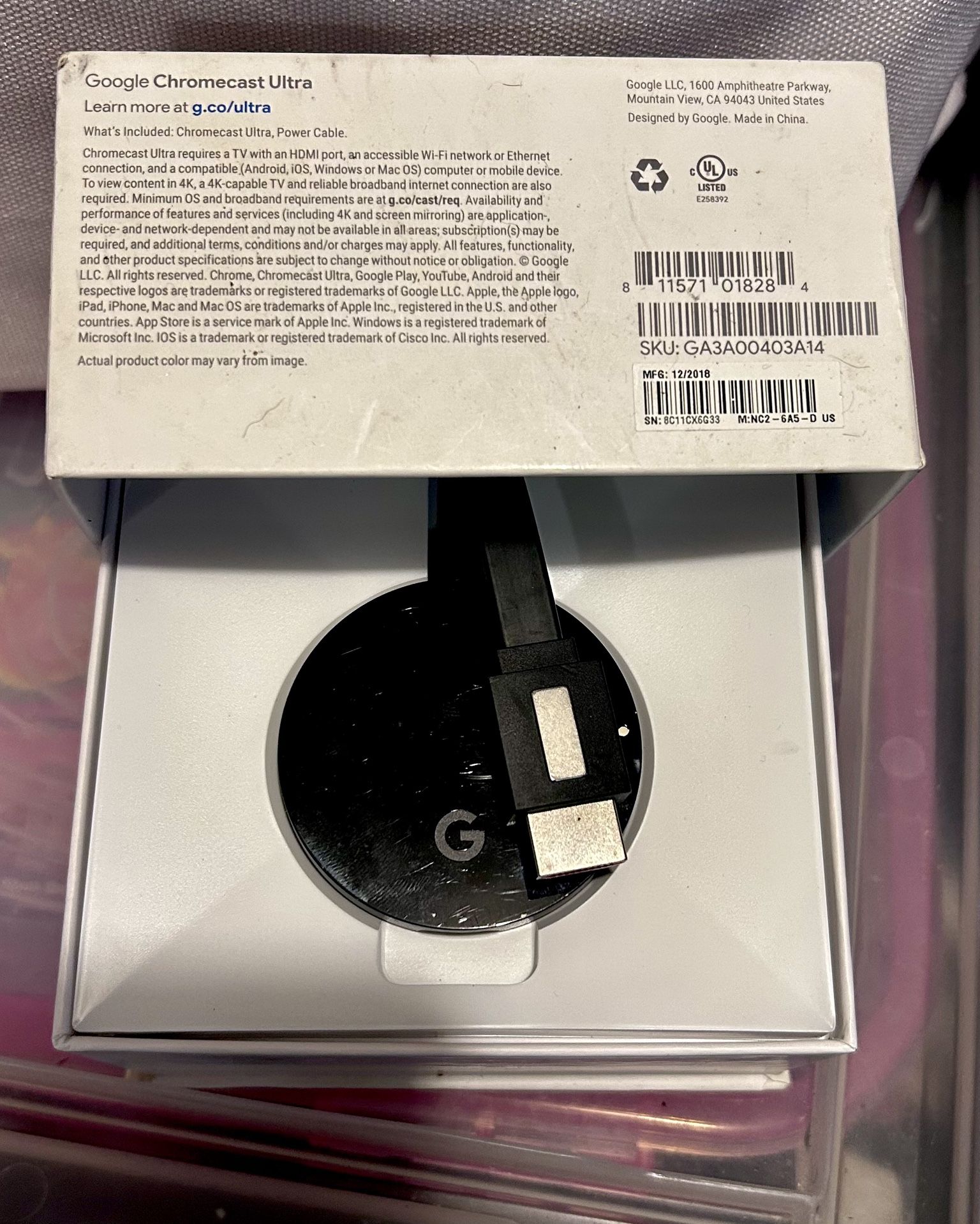 Google Chromecast Ultra 4K Digital Media Streamer - Black (GA3A00403A14)