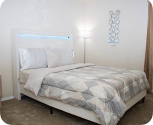 Beige queen led bed and brand new mattress