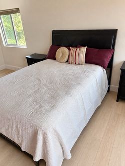 Queen Black Wood Bed Frame + Leather Headboard + free mattress