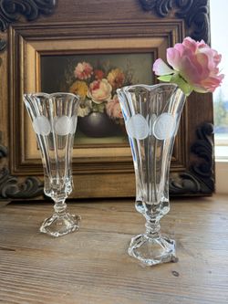 Pair of 2 Vintage Fostoria Frosted Coin Clear Glass (6) Paneled Stemmed Vase #1372 | Patriotic Vase / Glass | American | Gift | 8” Tall | Pedestal Foo