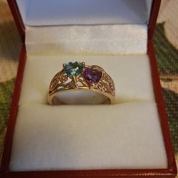 Two Heart Aquamarine And Amethyst 14k Gold Ring 