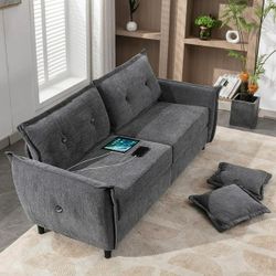 85''W Large 3-Seat Comfy Cloud Couch Extra Deep Fluffy Sofa w/ Pillows & USB Ports Gray