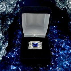 Platinum 17.40g with Cluster Diamonds and Center Rectangular Cushion Blue Stone Ring