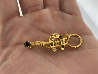 Antique 18Kt Gold Equestrian Brooch Natural Diamonds+Sapphires~Horseshoe & Whip