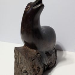 10.5" Hand Carved Wooden Sea Lion Figurine on Driftwood Base – Folk Art Decor

