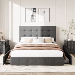 Queen Size Platform Bed Frame with Square-stitched Headboard and 4 Drawers, Dark Gray