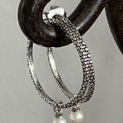 Designer Michael Dawkins Sterling Silver Snake Pattern Hoop Earrings w/Removable Pearl Drops Org. $85 