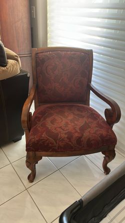 Traditional Wood Armchair with Red Damask Upholstery