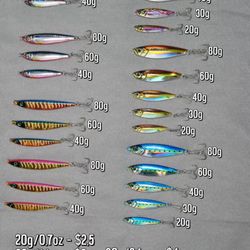 20g, 40g, 60g, and 80g metal Shore jigs — full glow, equipped with BKK treble hooks