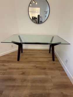 Crate & Barrel Strut Espresso Glass Top Table 70”