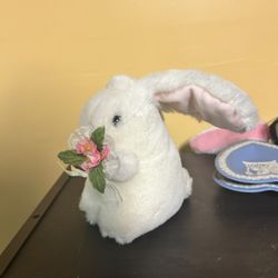 Adorable Plush White Bunny Rabbit Holding Flower Bouquet
