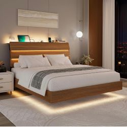 Floating Bed Frame Queen with Led Lights and Charging Station, Wood Full Size Bed Frame with Storage Headboard, Heavy Duty Metal Slats, No Box Spring 
