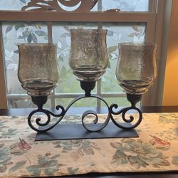 Pier One, Wrought Iron Trio With Amber Glass Hurricane Candle Holder 