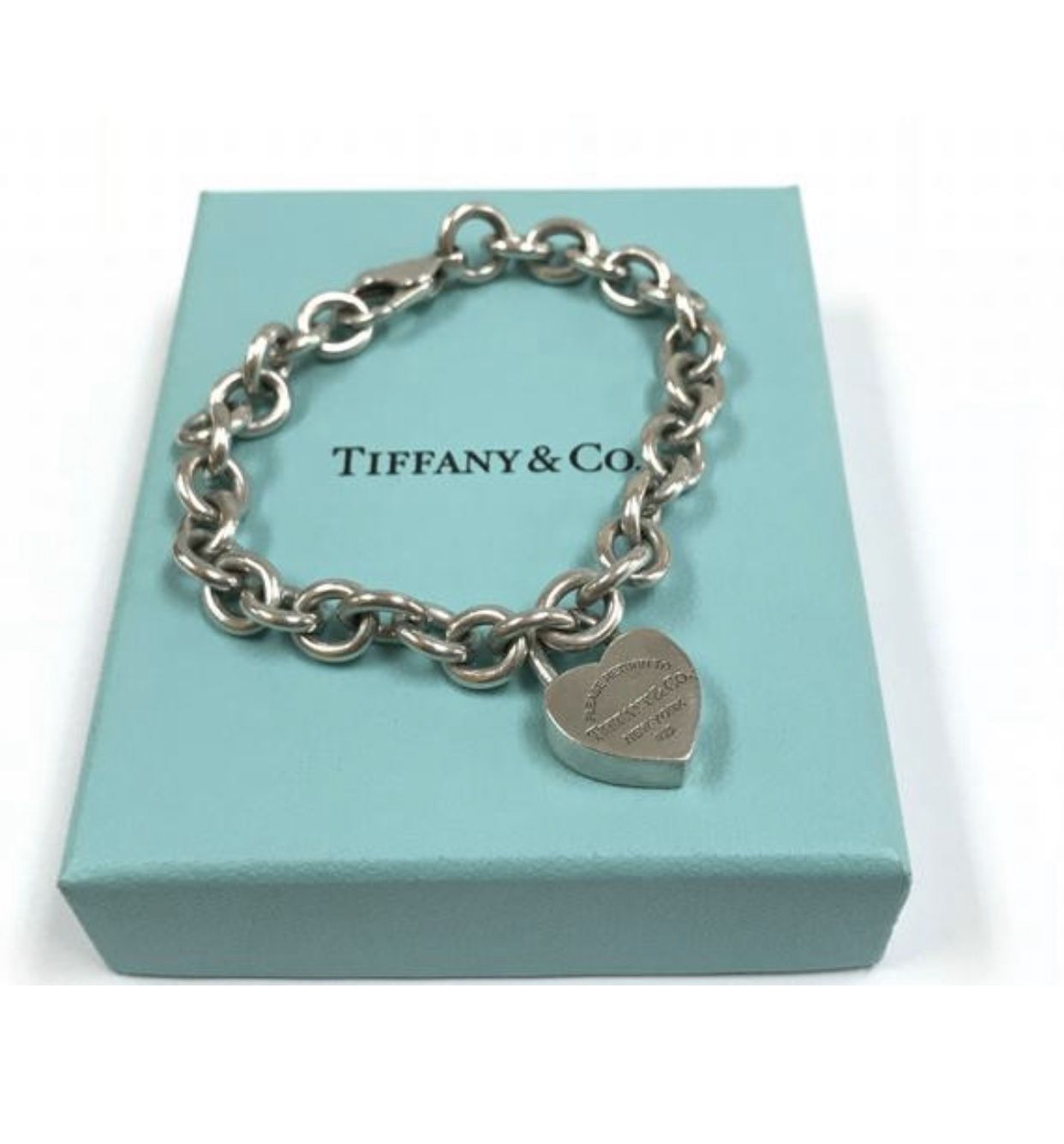 Authentic "Please Return To Tiffany & Co. New York 925" Heart Padlock Lock Charm Silver Chain Bracelet !!!!