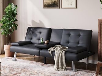 New Faux Leather Convertible Sofa Bed Futon w/ 2 Cup Holders, 3 Recline Angles