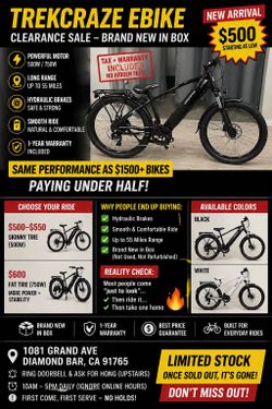 🔥 $500 EBIKE OUT THE DOOR – BRAND NEW – WARRANTY INCLUDED