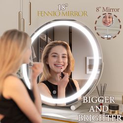 Vanity Mirror with Lights, 18 inch COB LED Lighted Makeup Mirror, Round Makeup Mirror with Lights with 3-Color Lighting, 360° Rotation, Dimmable for T