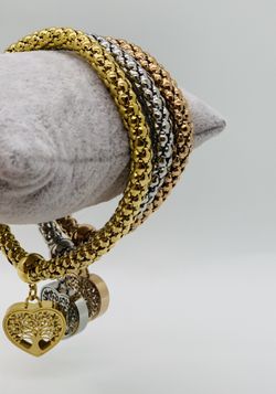 Stainless Steel Set Bracelet 14K Gold Plated With Charm Heart Tree Of Life