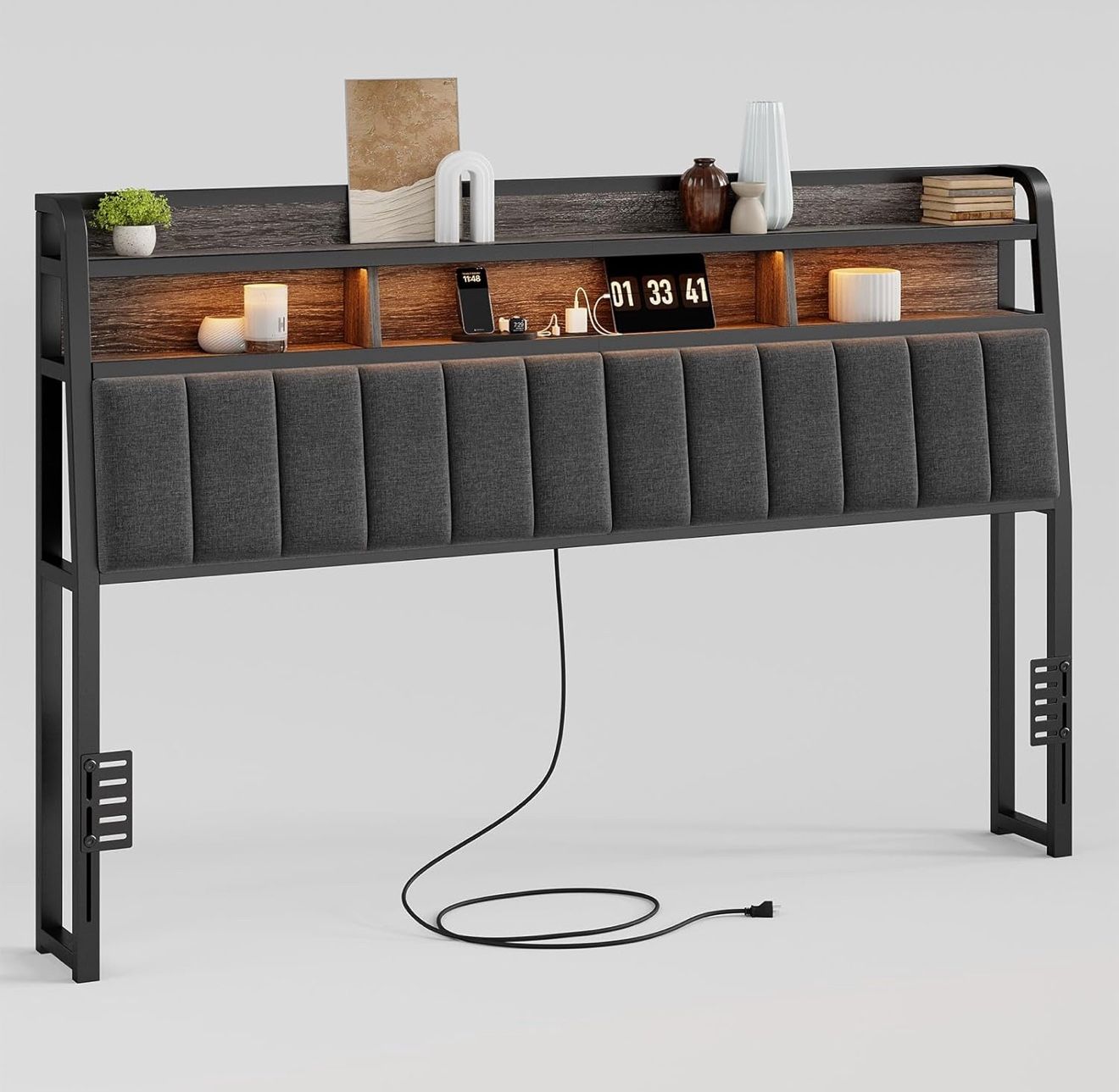 King Headboard w/ RGB LED Lights, Outlets & USB – Black/Grey