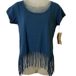 TURQUOISE BLUE FRINGE T-SHIRT  Tassle Hem Women's Tee Shirt EYESHADOW SMALL  Item  in photos may not reflect the exact shade/color of the item in real