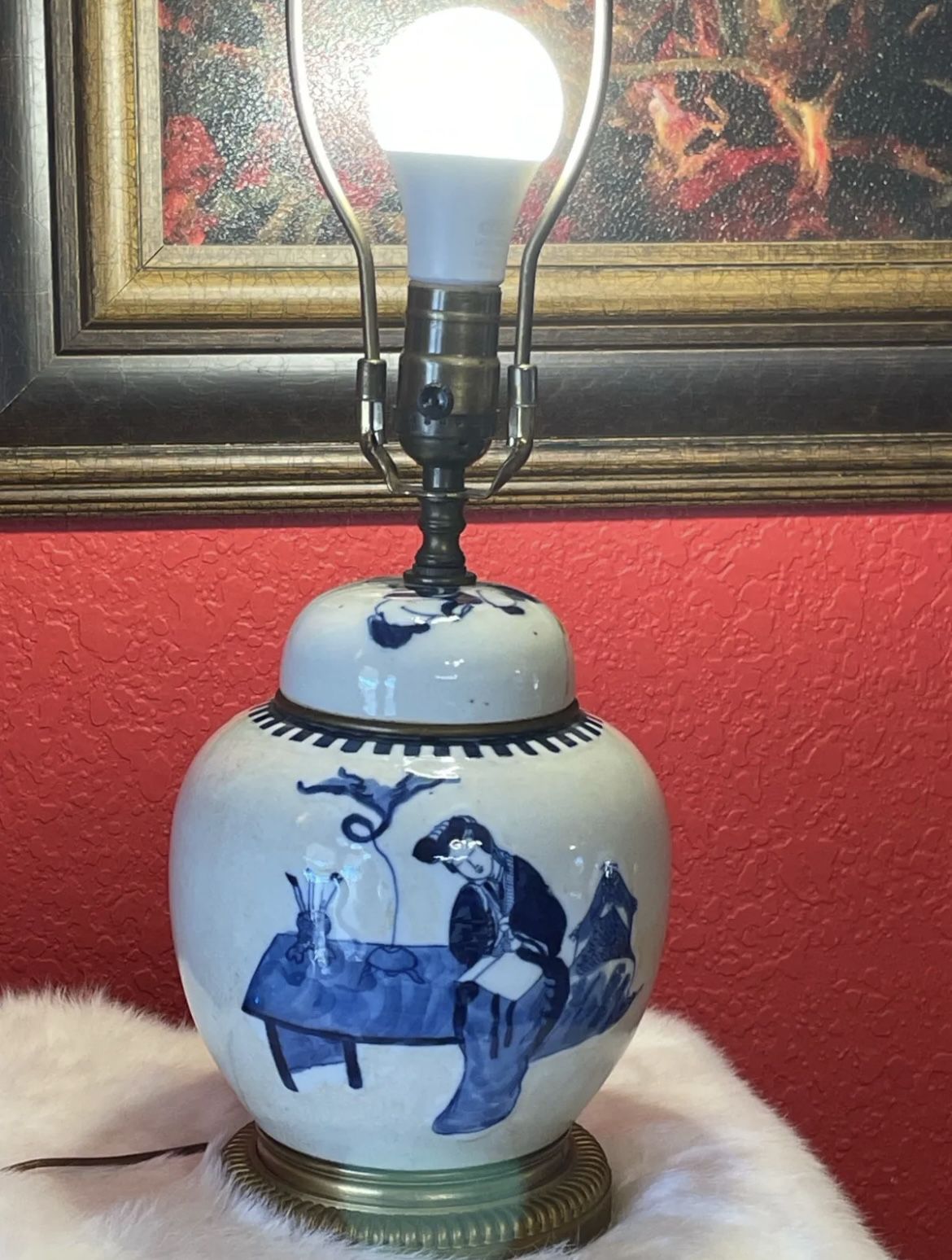 Antique BLUE & WHITE Hand Painted CHINESE GINGER JAR LAMP 20"