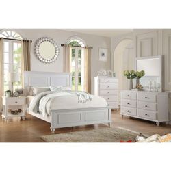 White 4 Piece Bedroom Set - Queen Bed, Nightstand, Dresser & Mirror