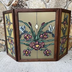 Stained  Glass Three-Fold Standing Fire Screen or Home Decor on Wood Frame Floral/Hummingbirds