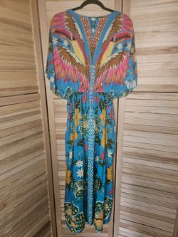 World Market Blue Multicolor Floral V-Neck Kimono Sleeve Maxi Dress L/XL