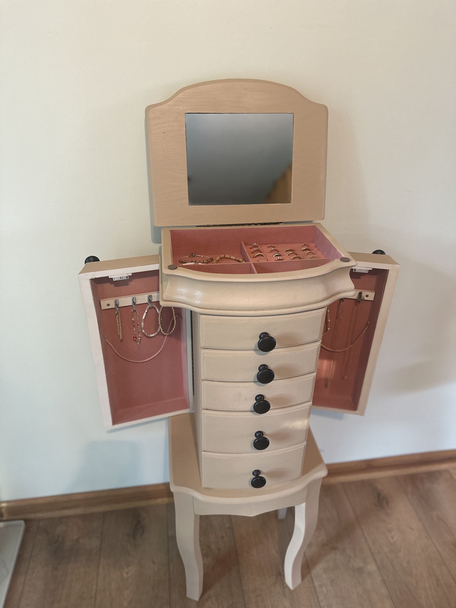 Vintage Style Beige Jewelry Armoire with Mirror, Drawers, and Side Compartments