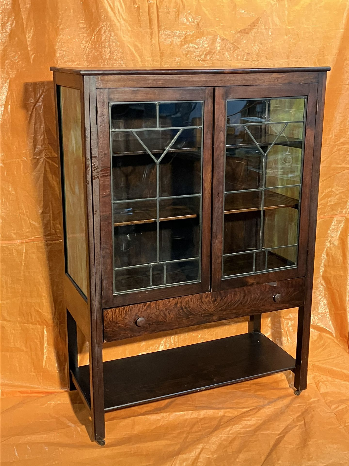Early 20th Century Leaded Glass Front Display Case w/ Stained Glass Sides