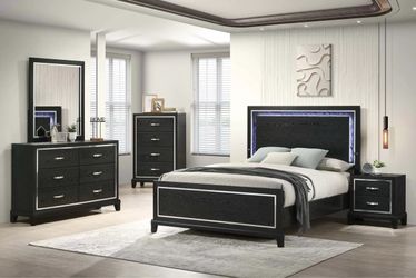 Black Wood Bed Set with LED Headboard