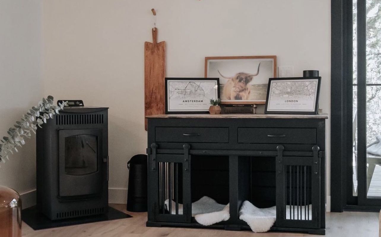 Custom Built Dog Kennel Crate Cage House Console Cabinet TV Stand Farmhouse Modern Rustic Dog Bowl Toy Bed Wood Barn Door