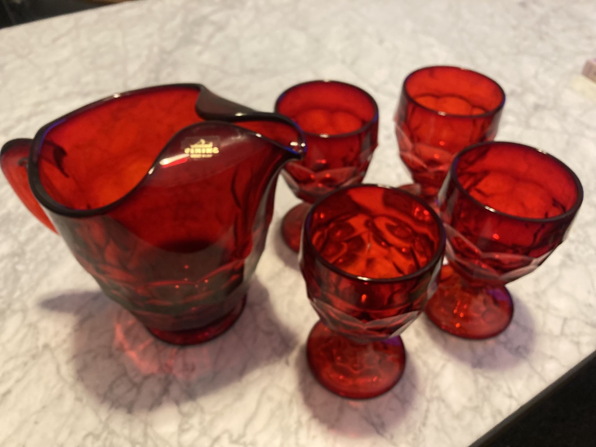 Ruby Red Viking Glass Pitcher And Goblet Set
