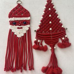 Christmas Macrame Santa and Tree with Bells Wood Beads Wall Hanging Boho MCM Vtg