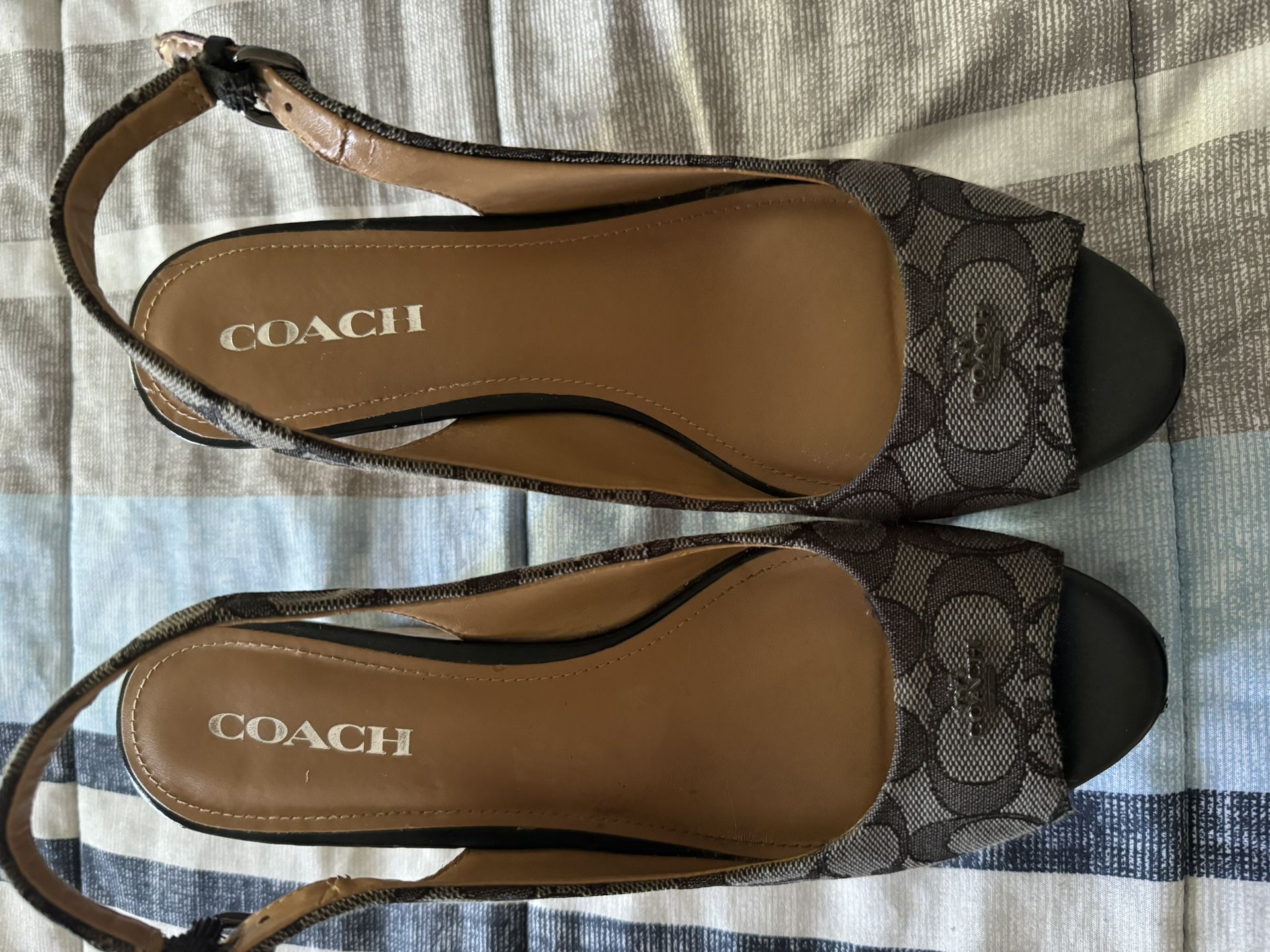 Coach Women Wedge Sandals Heels Gray Monogram Signature Jacquard Cork Shoe Sz 9.5