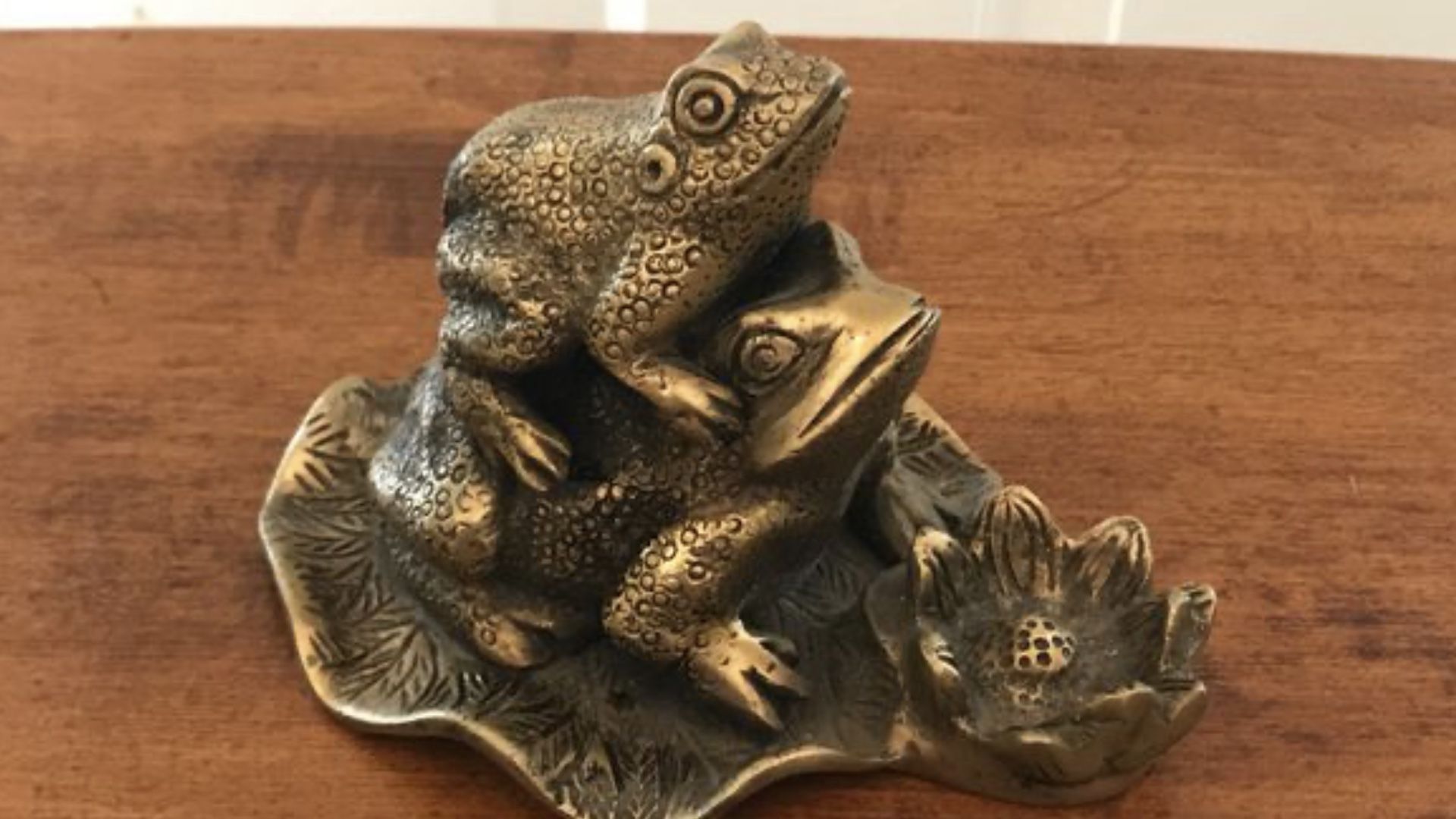 Beautiful solid Brass Mother and Baby Frog in a brass leaf